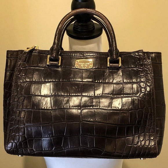 MICHAEL KORS Kellan Croc Embossed Brown Leather Satchel Crossbody Shoulder Bag - Picture 3 of 17
